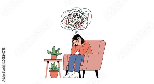 Stressed woman sits alone in an armchair with her head in her hands and a chaotic scribble cloud above her head.