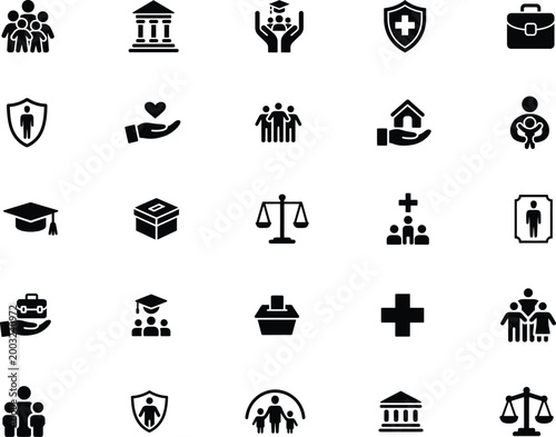 Social and public service icon set. Community, law, education and healthcare symbol collection