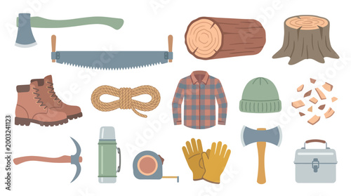 Flat Vector Icons of Lumberjack Tools and Outdoor Gear