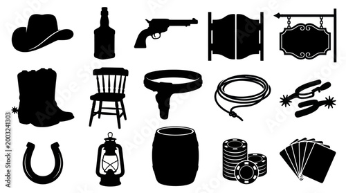 Wild West Western Iconography Silhouette - Cowboy Hat, Gun, Boots, Barrel