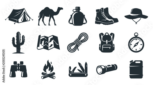 Camping and Adventure Icons: Tent, Camel, Boots, Hat, Backpack, Compass