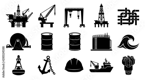 Black  White Icons of Oil and Gas Industry Equipment and Symbols