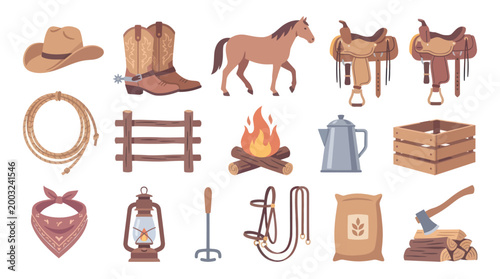 Western Cowboy Elements Flat Vector Icons Set