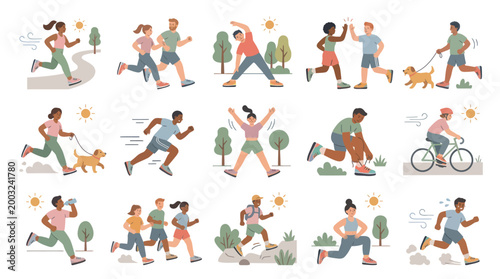 Flat Style Vector Icons of People Jogging, Cycling, and Exercising Outdoors