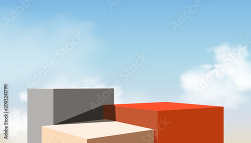 Minimal geometric podium with abstract shapes on blue sky background,Product display platform for Autumn banner, Modern 3D vector realistic stage for summer branding, advertising mockup composition