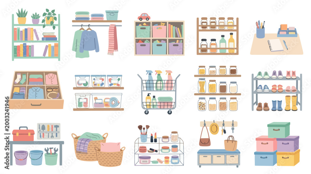 Fototapeta premium Home organization vector illustration, various storage solutions
