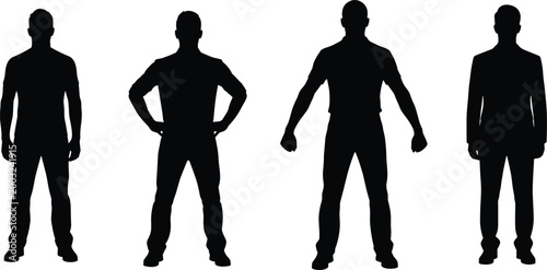 Silhouette illustration of diverse standing human figures in different postures and clothing styles for design, fashion, business, lifestyle concepts