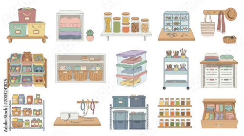 Home Organization and Storage Solutions Vector Set, Flat Illustration Style