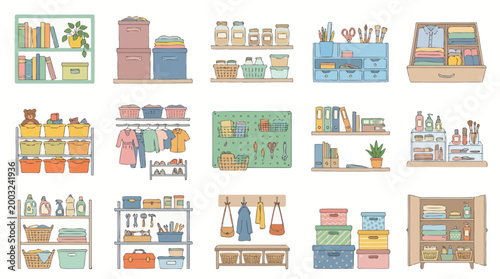 Organizing Home Storage Solutions: Shelves, Boxes, Wardrobe, Closet Flat Art