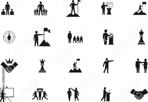 Business people activity icon set. Leadership, teamwork and corporate action symbol collection in solid style