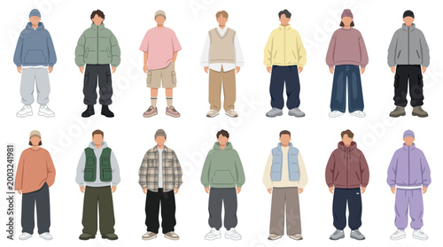 Flat Vector Illustration of Diverse Young People in Casual Fashion Outfits
