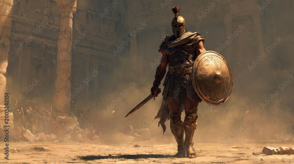 Naklejka premium Bronze-armored Spartan soldier with shield and blade amid antique Greek battlefield setting