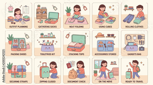 Travel Packing and Organization Tips, Flat Vector Illustration