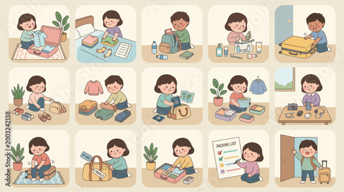 Cute Children Packing Suitcases for Travel, Illustration, Flat Design