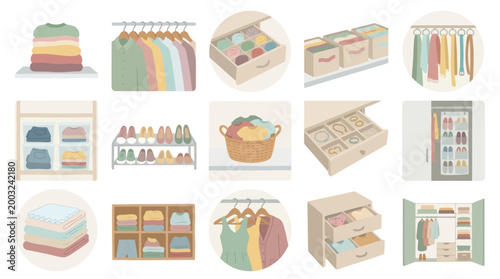 Flat design icons of stylish closet organization and clothing storage