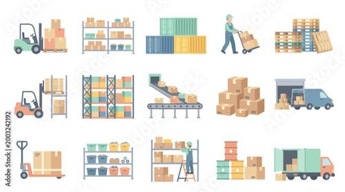 Warehouse Logistics Icons: Flat Style Flat Design Icons for Storage and Shipping