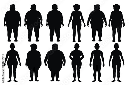 Fat Man Silhouette Vector Set. over weight lady. Fat Man and woman Silhouette. Male body transformation from obese to fit and skinny. Weight loss and fitness concept, vector illustration.