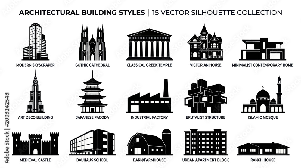Fototapeta premium Architectural Building Styles Vector Silhouettes - Black White Icons