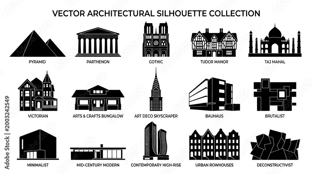 Naklejka premium Vector Architectural Silhouettes: Diverse Building Styles Collection