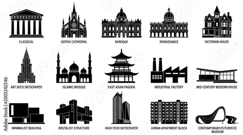 Architecture Styles Icons Set Black White Vector Building Collection