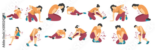 people with physical injury color element. Set of medical concept, filled, colored injury icon. Man clutching in pain or distress, depicted silhouette, and full color, Vector illustration, 