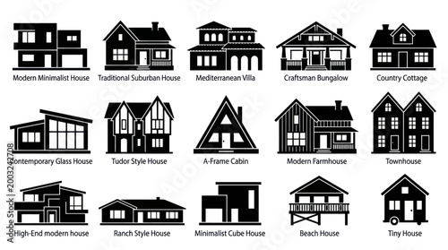 Black and White Icons of Various House Styles