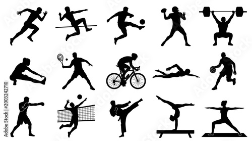 Black  White Silhouette Sports and Fitness Icons Vector Art