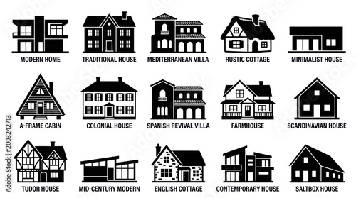 Black and White Icons of Various House Styles on White Background
