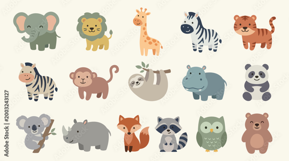 Fototapeta premium Cute Cartoon Safari Animals Flat Vector Illustration - Children's Illustration