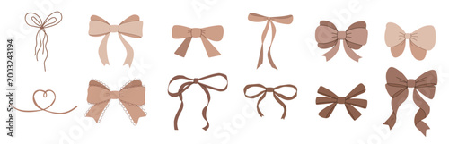 Cute ribbon bow set in trendy icons. Lovely coquette ribbon bows clipart collection in trendy mocha mousse colors. Perfect for stickers, label, sale, cards, invitations, vector illustration.