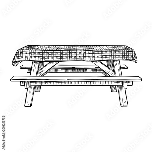 wooden picnic table vector line art hand drawn illustration