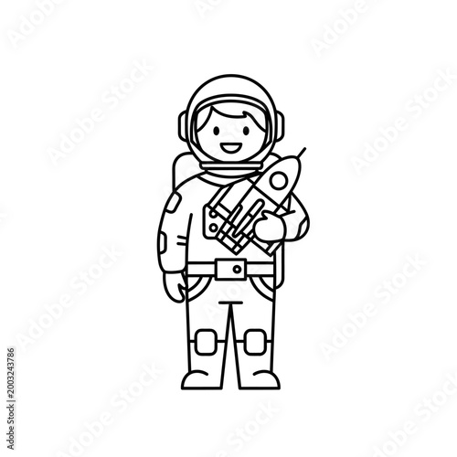 Smiling astronaut in spacesuit holding toy.