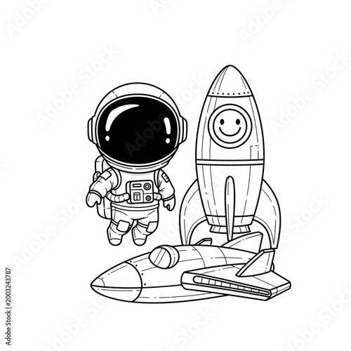 Astronaut standing next to rocket ship.