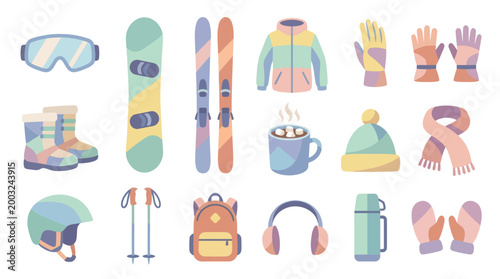 Flat Style Winter Sports Gear and Apparel Vector Icons