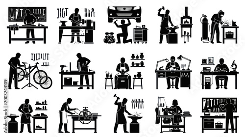 Black and White Silhouettes of Craftsmen at Work, Artisans and Trades