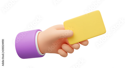 3d icon of 3d cartoon hand in a purple sleeve holding a blank yellow card isolated on transparent background