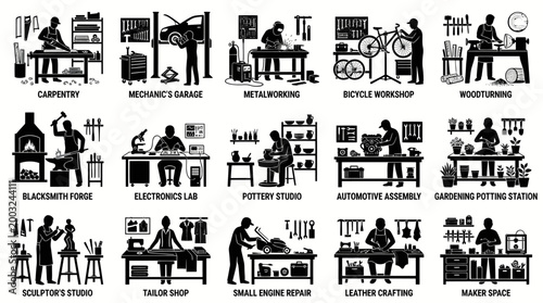 Diverse Workshop Icons: Black  White Line Art for Various Trades