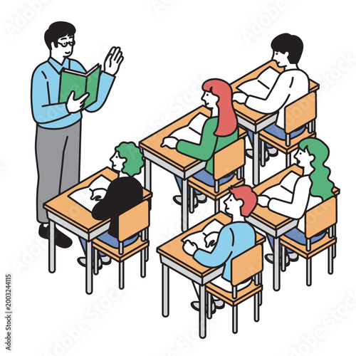 アイソメトリック構図の授業を受ける生徒のイラスト
