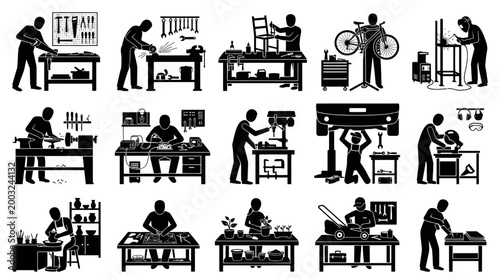 Black  White Glyph Icons Set of Craftsmen  Tradesmen Working in Workshops