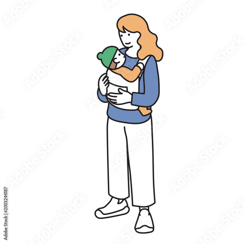 アイソメトリック構図の赤ちゃんを抱っこする女性のイラスト