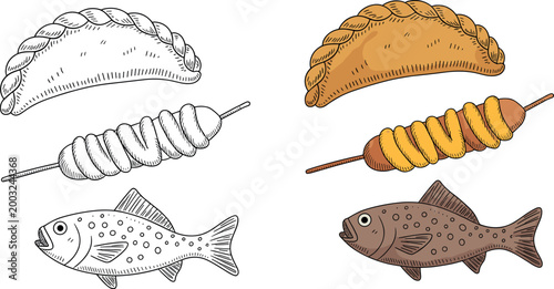 Variety of Street Food Dishes Including Empanada, Fish Skewer, and Grilled Fish with Color and Black and White Variations for Food Illustrations