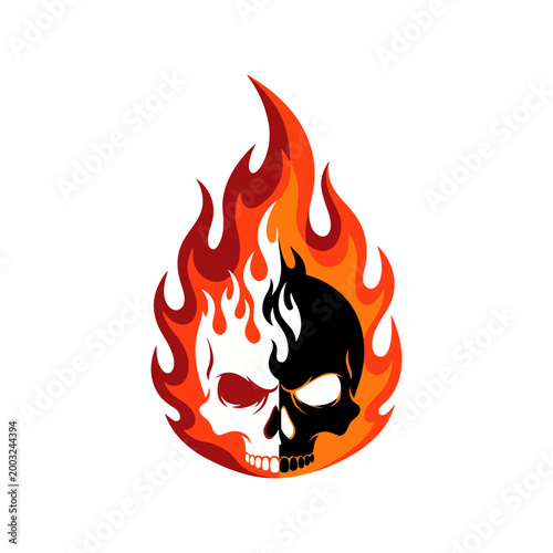 Εκτύπωση καμβά A striking graphic showcasing two skulls, one white and one black, entwined in vibrant flames, representing the duality of life and death in a bold artistic design