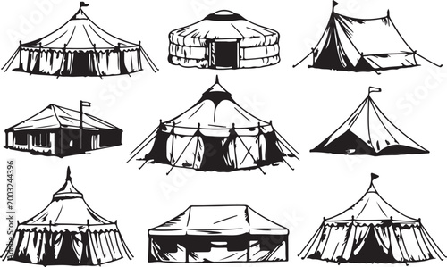 Hand drawn tent set featuring various traditional and vintage shelters for camping and outdoor activities. Vintage Outdoor Shelter Vector Set