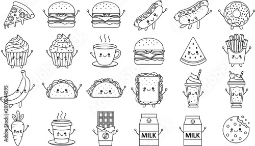 Cute Kawaii Black and White Fast Food Coloring Page Set with Pizza, Burger, Hotdog, Taco, Fries and Donut Outline Icons