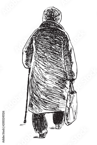 One casual old women walking outdoors with cane, bag, realistic sketch, back view, vector hand drawing isolated on white background