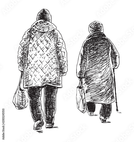 One casual old women walking outdoors with cane, bag, realistic sketch, back view, vector hand drawing isolated on white background