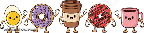 Cute Kawaii Breakfast Characters Standing Together with Egg, Donut, Coffee Cup and Mug Smiling Cartoon Mascots