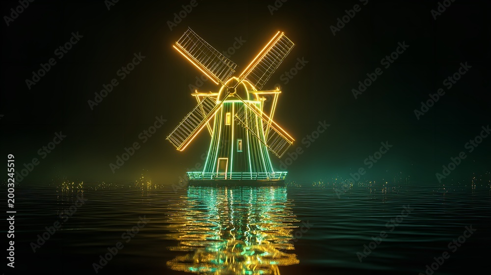 Obraz premium Neon windmill illuminated with various colors over a dark, reflective surface at night