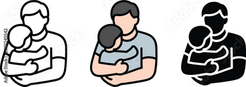 Father holding baby icon set. Parenting and family care symbol in outline, flat and solid style