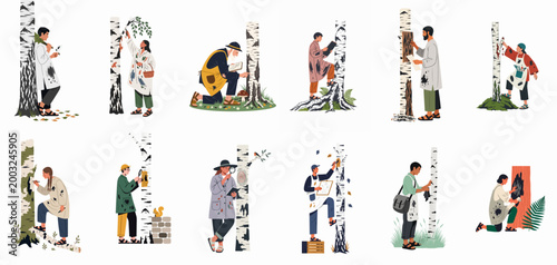 Schilderij op canvas Illustration set of diverse characters, artists, and scientists interacting with white birch trees, depicting activities like drawing, researching, and collecting nature elements